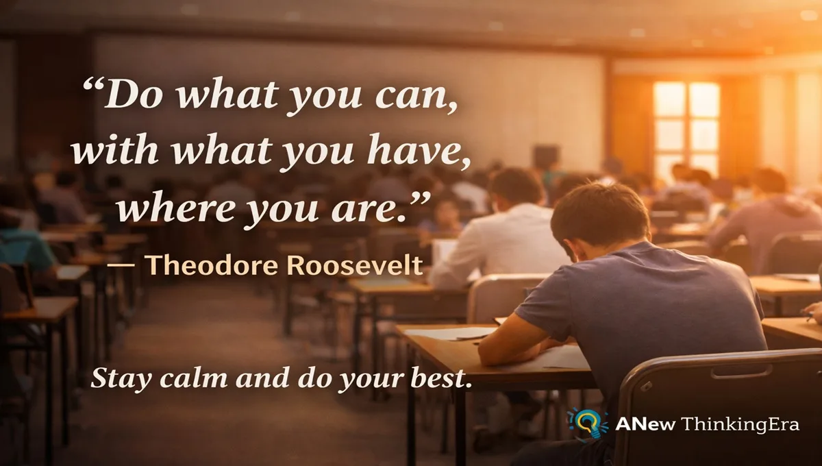 Motivational Quotes for Students to Stay Focused, Confident & Mentally Strong (2026 Guide) 1 Motivational quotes for students during exam pressure showing students writing exams calmly in an exam hall with the quote βDo what you can, with what you have, where you areβ to build confidence and focus