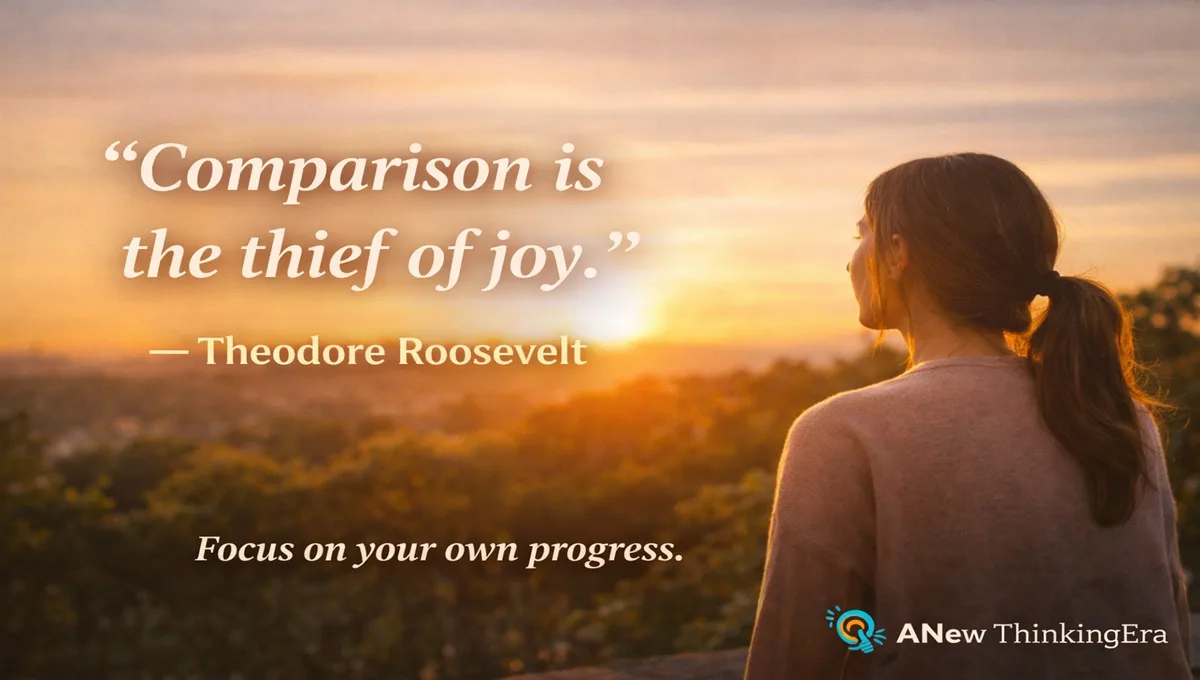 Motivational Quotes for Students to Stay Focused, Confident & Mentally Strong (2026 Guide) 2 Motivational quote for students about self comparison showing a young person looking toward a sunset, encouraging focus on personal progress and building academic confidence