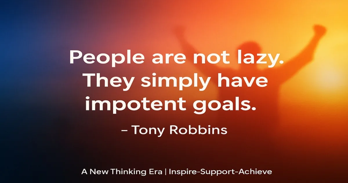 51 Powerful Tony Robbins Quotes to Transform Your Life, Mindset and Success (2025 Guide) 4 Tony Robbins quote βPeople are not lazy. They simply have impotent goals.β on a warm sunrise background with a victorious silhouette and A New Thinking Era | Inspire-Support-Achieve watermark.