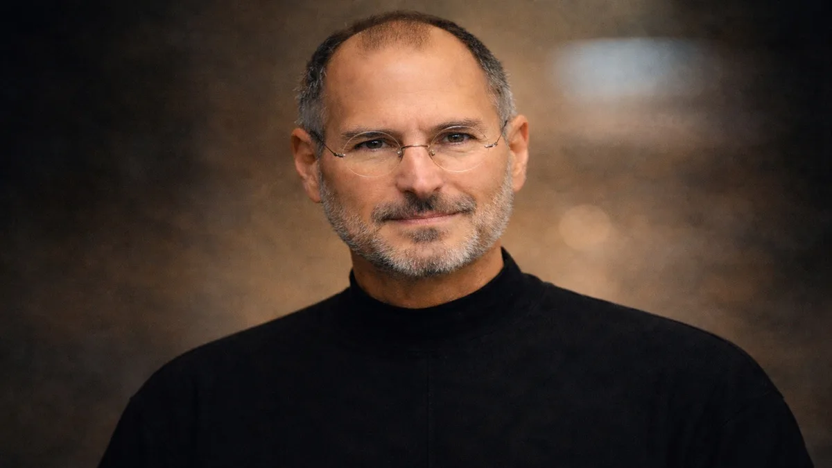 Steve Jobs portrait centered against a soft background, reflecting on life and purpose