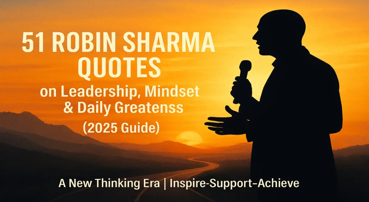 Silhouette of Robin Sharma speaking into a microphone with a sunrise background, featured image for 51 powerful Robin Sharma quotes on leadership, mindset and daily greatness, 2025 motivation guide by A New Thinking Era