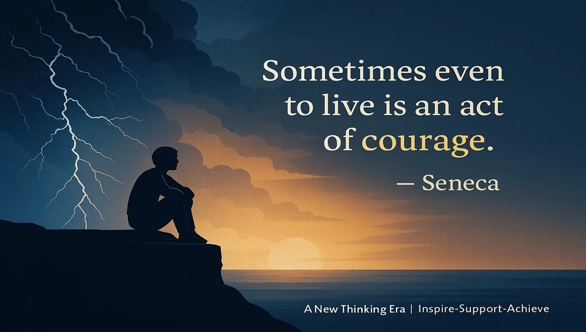 Motivational quote by Seneca reading “Sometimes even to live is an act of courage” with a silhouette sitting under storm clouds transitioning into a bright golden sky, A New Thinking Era branding.