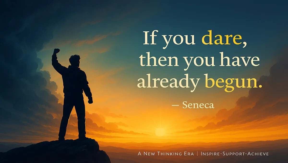 Inspirational Seneca quote saying “If you dare, then you have already begun” with a man standing on a mountain raising a fist at sunrise, A New Thinking Era branding.