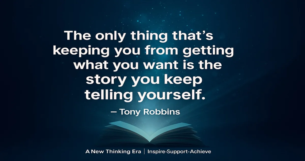 51 Powerful Tony Robbins Quotes to Transform Your Life, Mindset and Success (2025 Guide) 3 Tony Robbins quote βThe only thing thatβs keeping you from getting what you want is the story you keep telling yourselfβ on a glowing open-book background with A New Thinking Era | Inspire-Support-Achieve watermark.