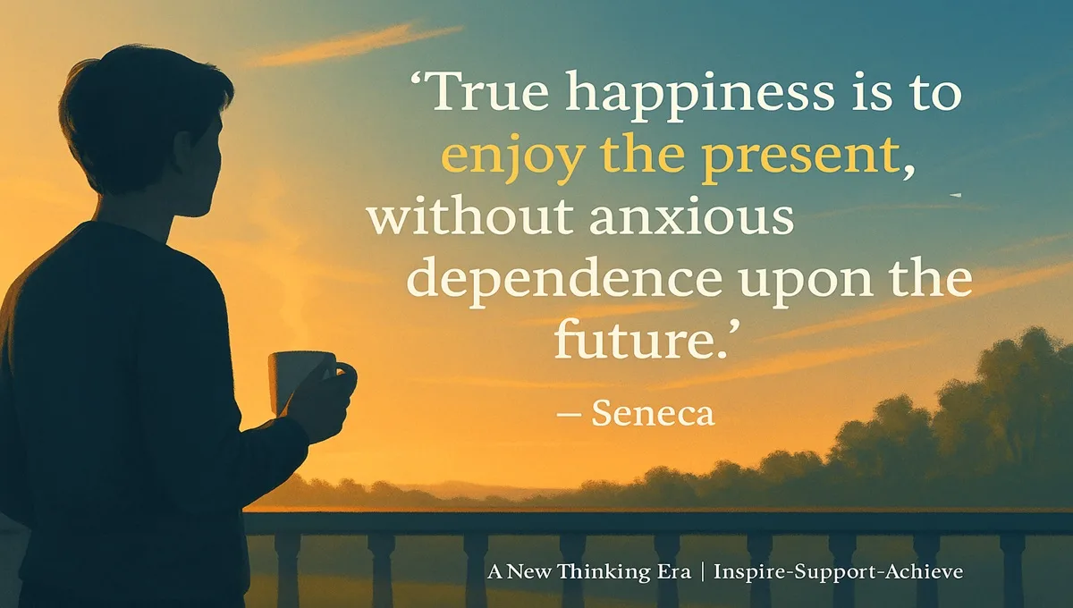 Seneca quote about living in the present, illustrated with a person holding a cup watching a calm sunrise from a balcony, A New Thinking Era motivational design.