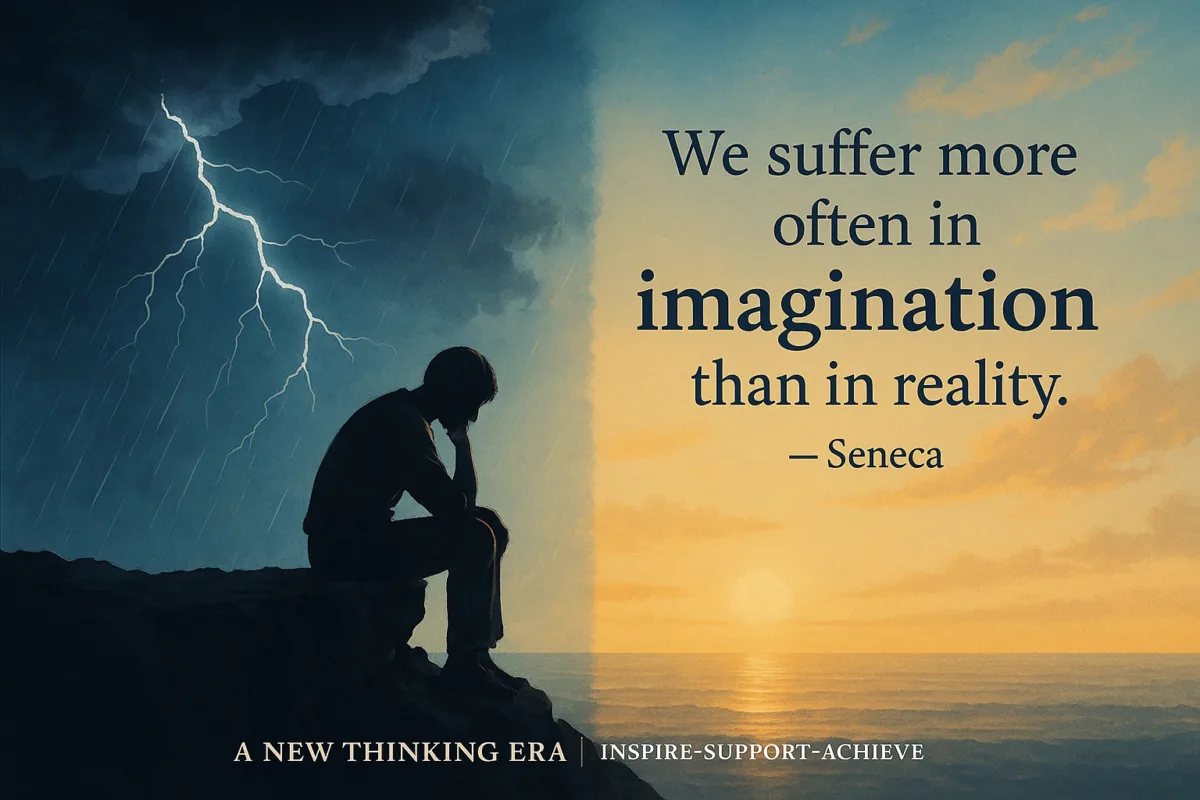 Philosophical Stoic Seneca Quotes “We suffer more often in imagination than in reality” with a silhouette of a sad man under storm clouds on one side and a calm sunset on the other, created for A New Thinking Era motivational blog.