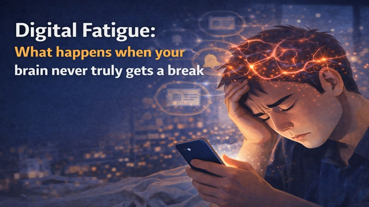 A person feeling mentally exhausted while using a smartphone, with glowing brain activity showing what happens when the mind never truly gets a break from digital screens.