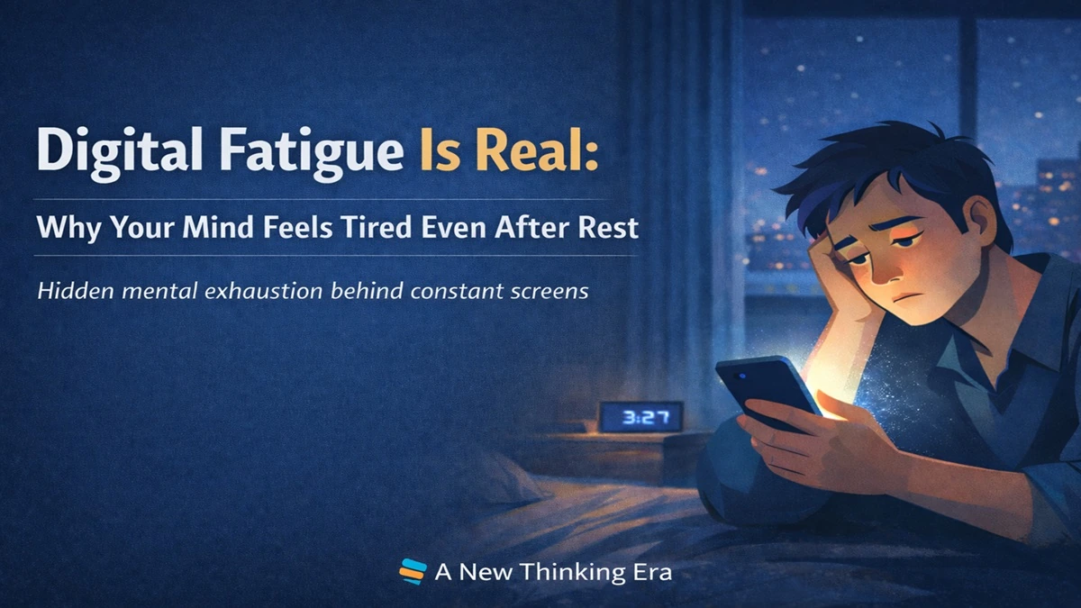 Digital fatigue feature image showing a tired person on a phone at night, explaining why the mind feels tired even after rest