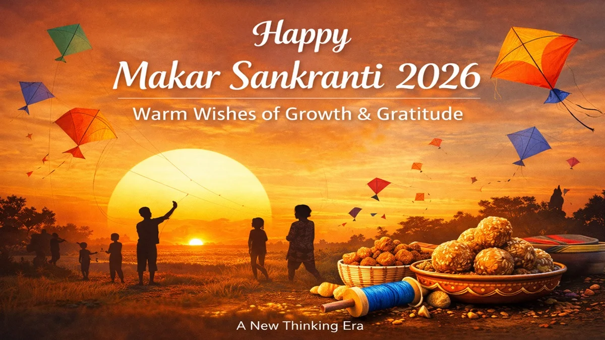 Happy Makar Sankranti 2026 wishes with sunset, colorful kites, people celebrating, and traditional til ladoos symbolizing harvest, gratitude, and new beginnings