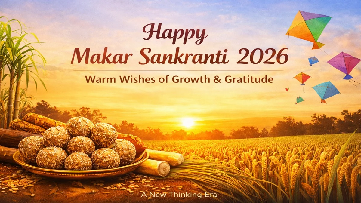 Happy Makar Sankranti 2026 wishes image with sunrise over harvest fields, colorful kites, til ladoos and sugarcane representing gratitude, growth, and festive joy