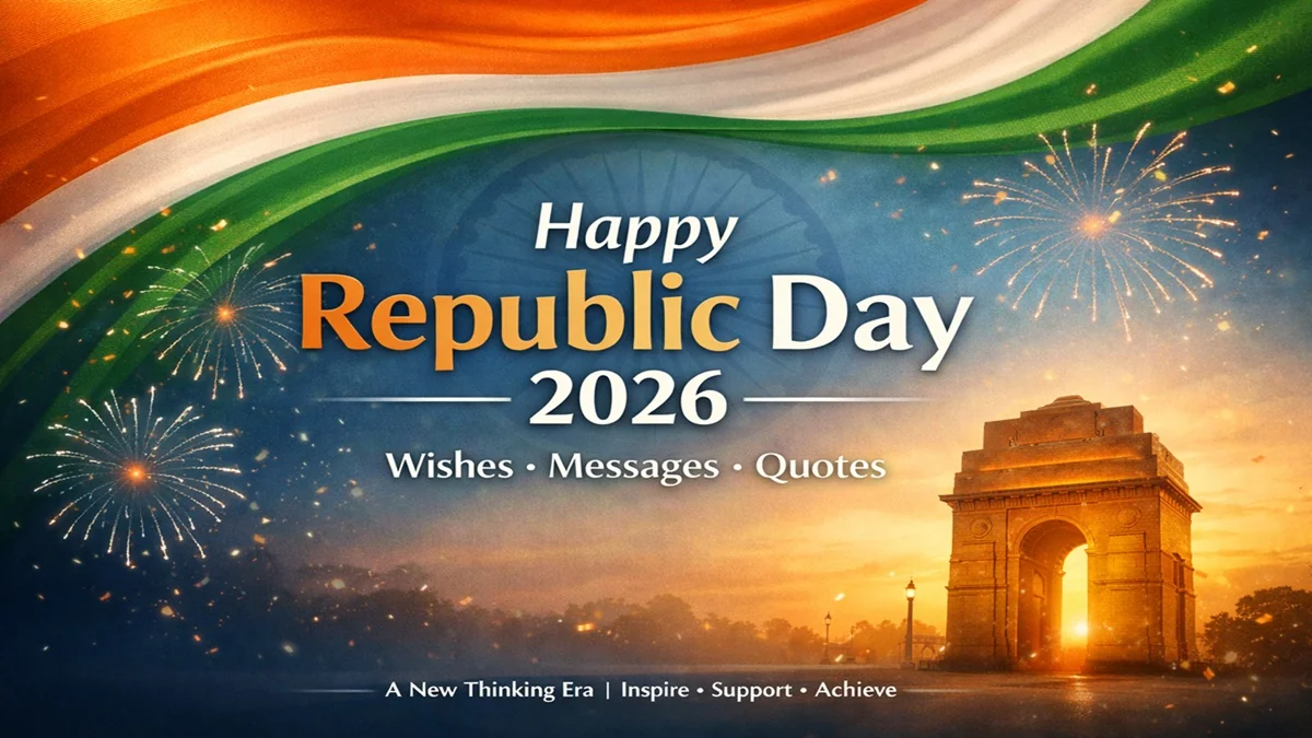 Happy Republic Day 2026 wishes messages and quotes with Indian tricolour and India Gate