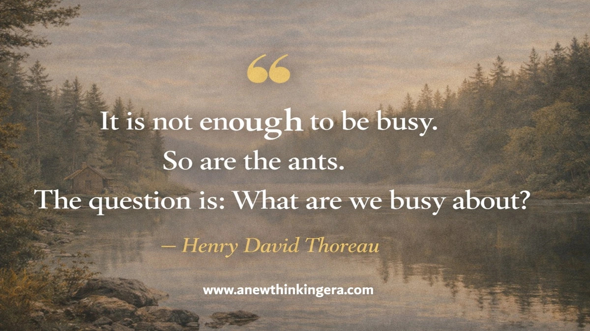 Henry David Thoreau quote on productivity and purpose: It is not enough to be busy. So are the ants. The question is: What are we busy about?
