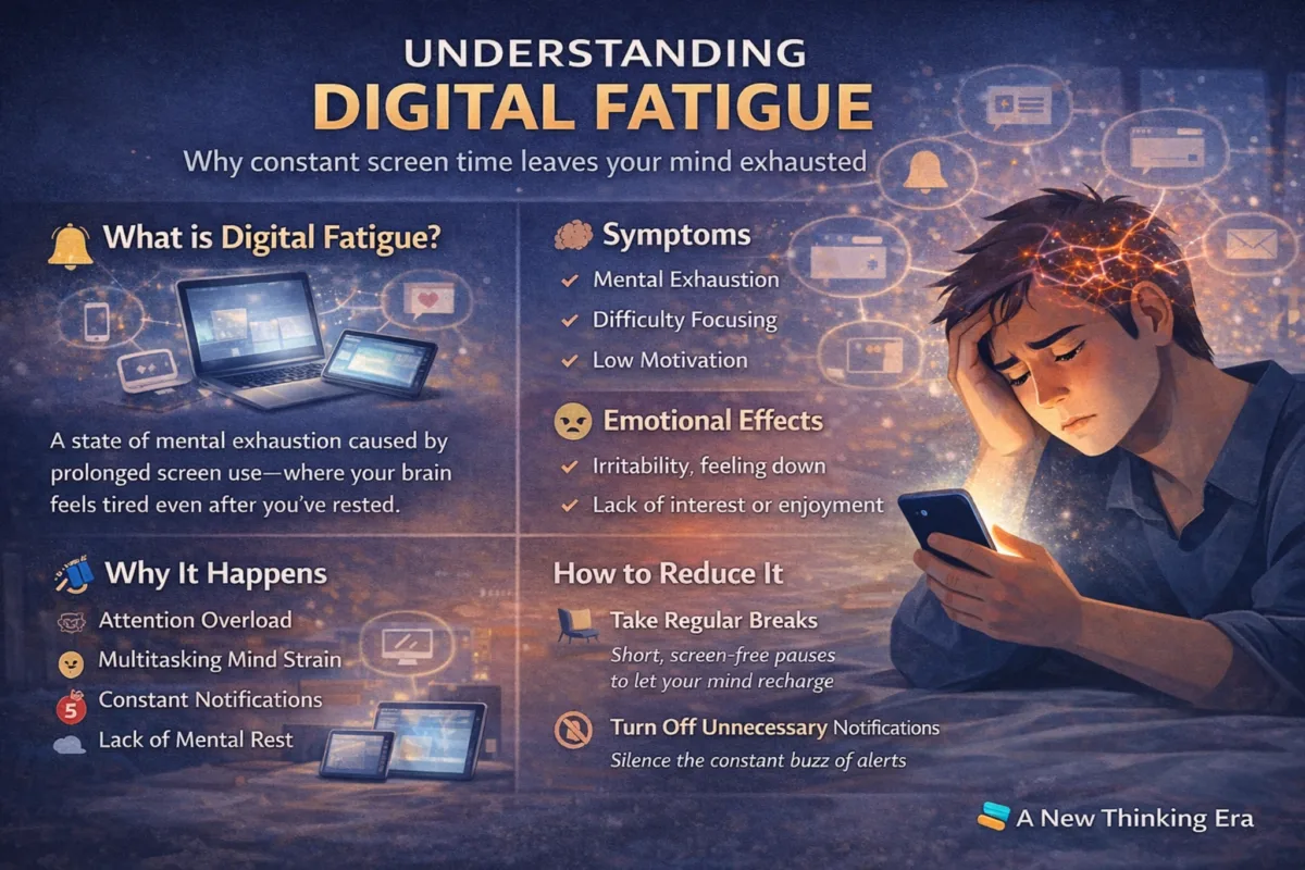 An infographic explaining digital fatigue, its causes, symptoms, emotional effects, and practical ways to reduce mental exhaustion from constant screen use.