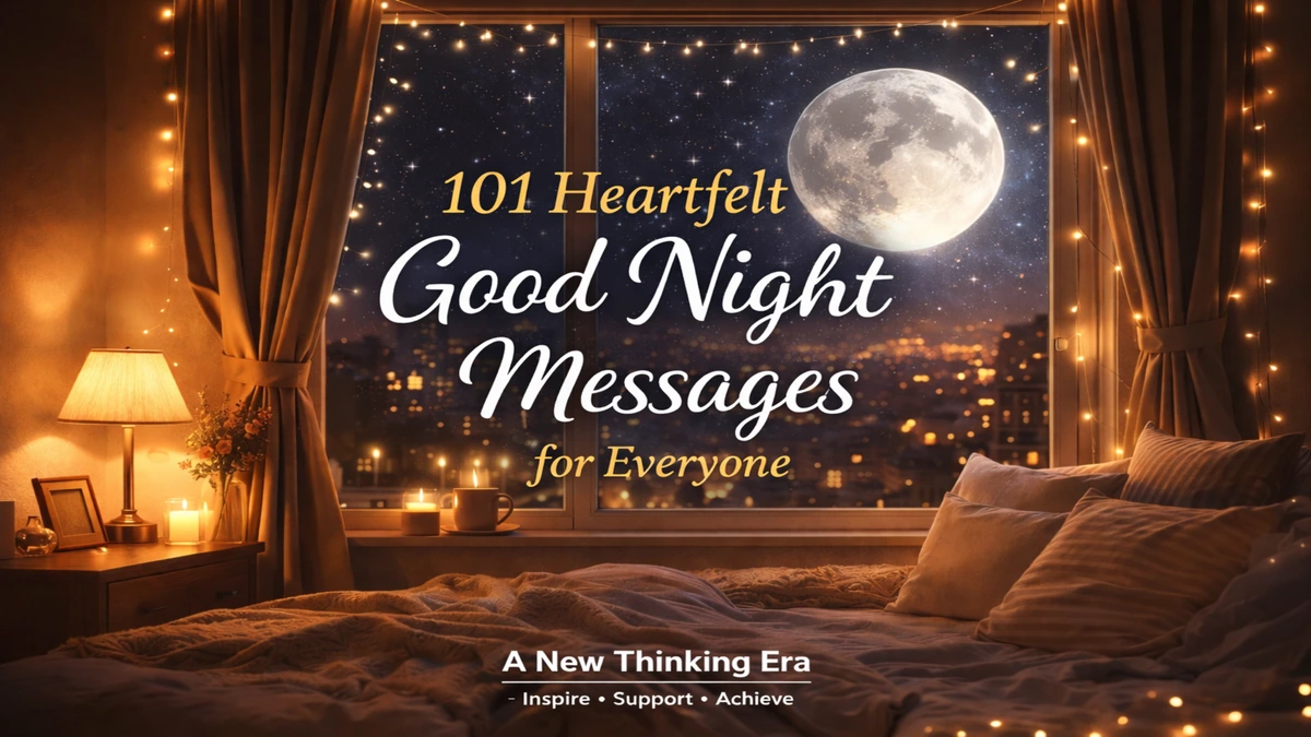 101 heartfelt good night messages for everyone with a cozy night bedroom view, moonlight window, and warm lights