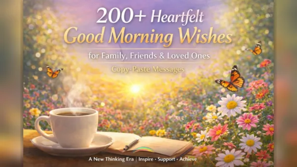 200+ heartfelt good morning wishes featured image with colorful garden sunrise background, butterflies, and copy-paste morning messages for family, friends and loved ones