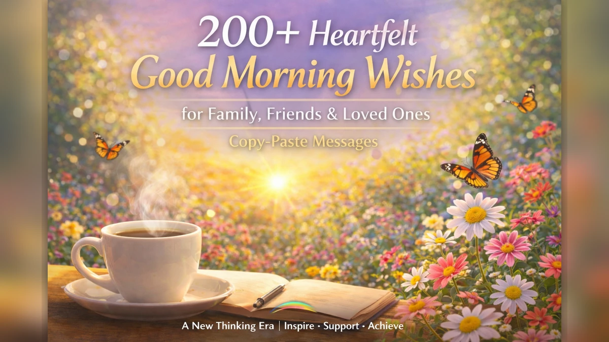 200+ heartfelt good morning wishes featured image with colorful garden sunrise background, butterflies, and copy-paste morning messages for family, friends and loved ones