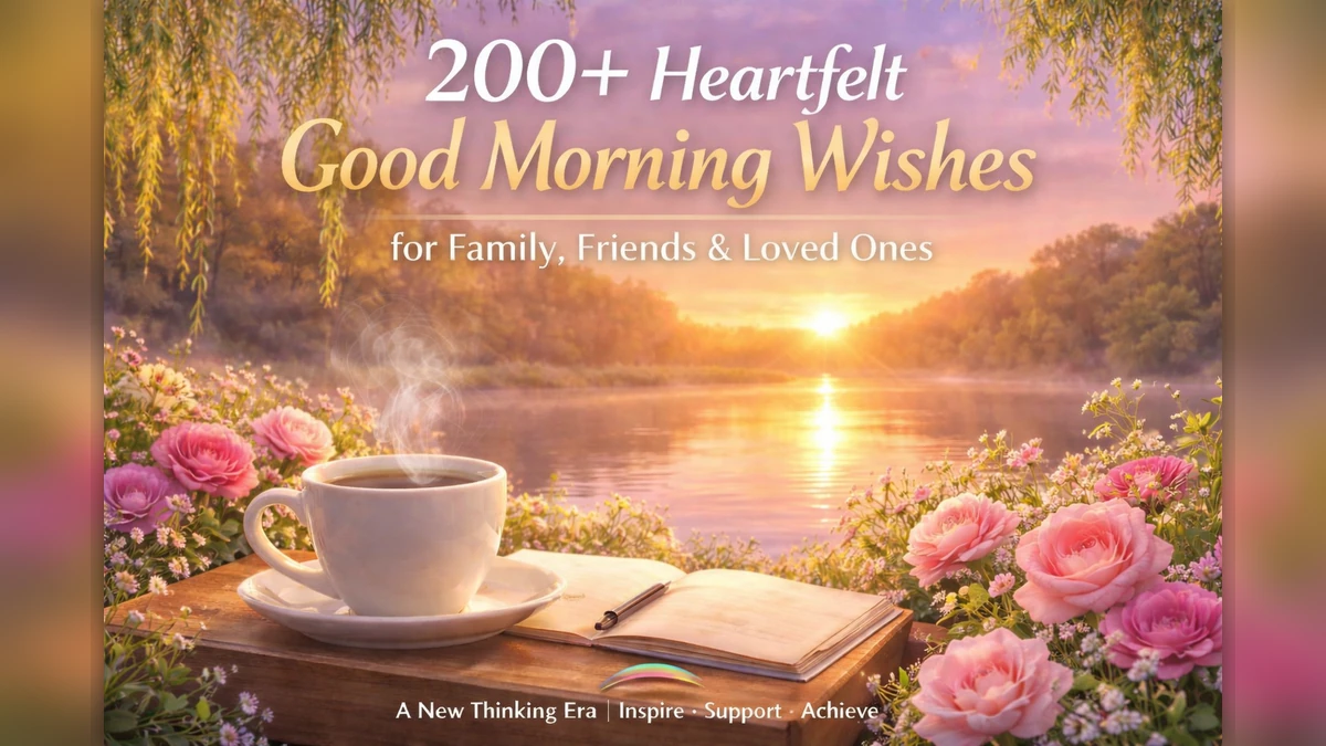 200+ heartfelt good morning wishes featured image with lakeside sunrise background, flowers, and morning theme for family, friends and loved ones