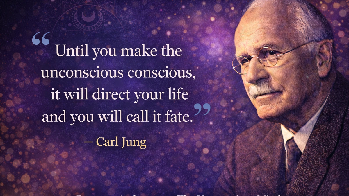 Carl Jung quote image about the unconscious mind and fate with Carl Jung portrait on cosmic purple background symbolizing dreams and archetypes