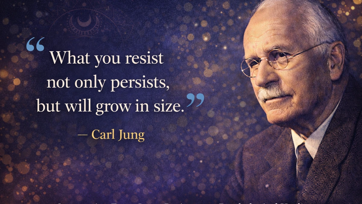 Carl Jung quote image on fear and resistance with Carl Jung portrait and text “What you resist not only persists, but will grow in size.”