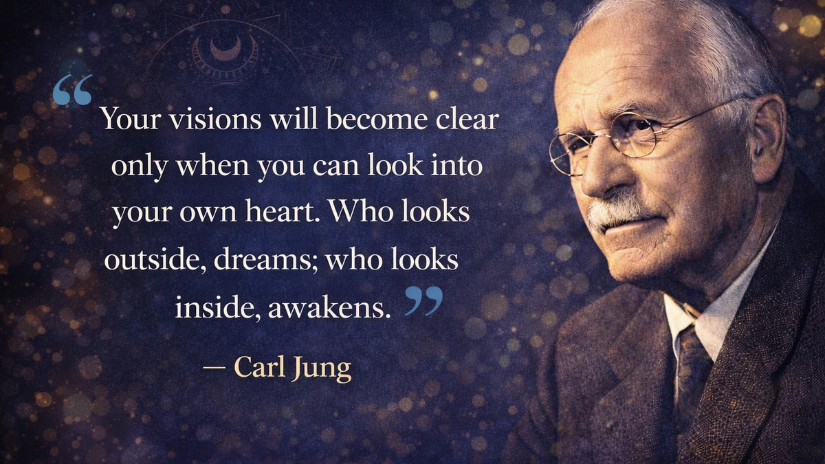 Carl Jung quote image on inner conflict, shadow work and self-awareness with Carl Jung portrait and blue bokeh background