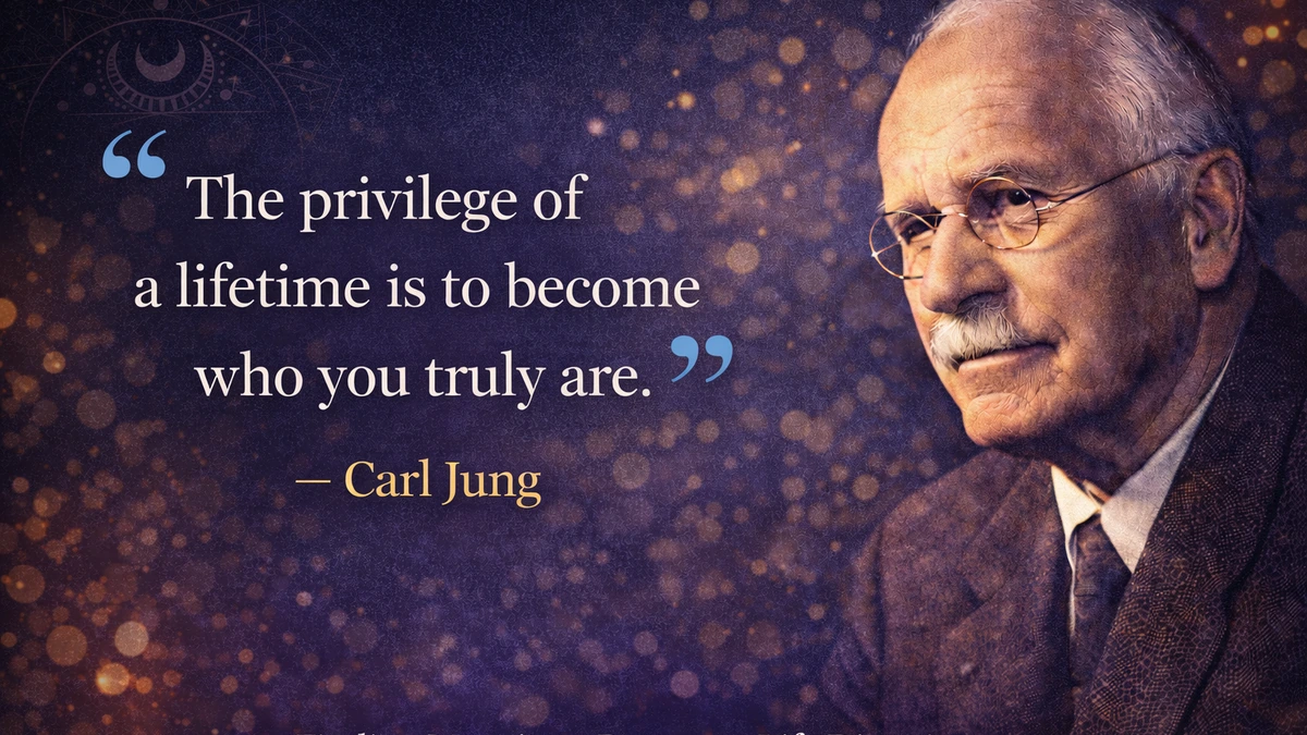 Carl Jung quote image on meaning and purpose with Carl Jung portrait and text “The privilege of a lifetime is to become who you truly are.”