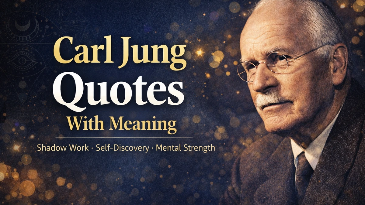 Carl Jung quotes with meaning featured image with Carl Jung portrait and bold typography highlighting shadow work, self-discovery and mental strength