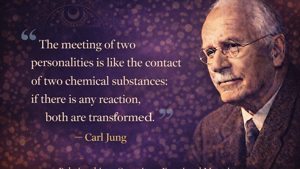 Carl Jung quote image about relationships and emotional maturity with Carl Jung portrait and quote on two personalities transforming each other