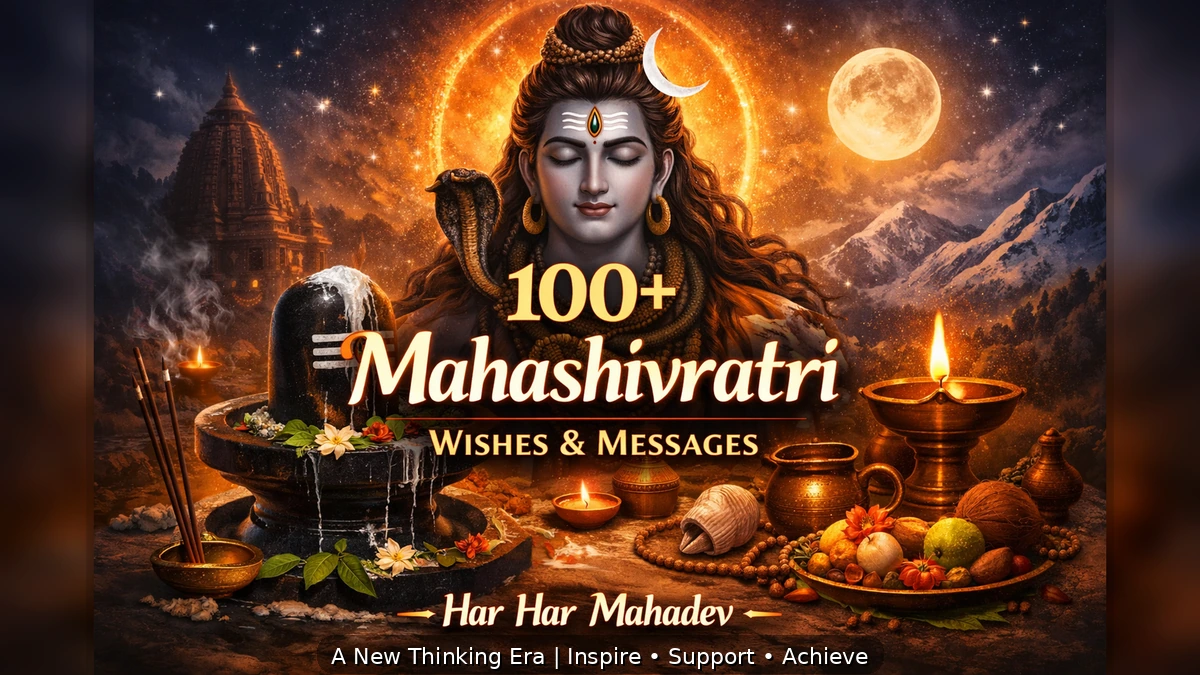 100+ Mahashivratri wishes and messages 2026 feature image with Lord Shiva illustration, Shivling abhishek, diya, and temple background
