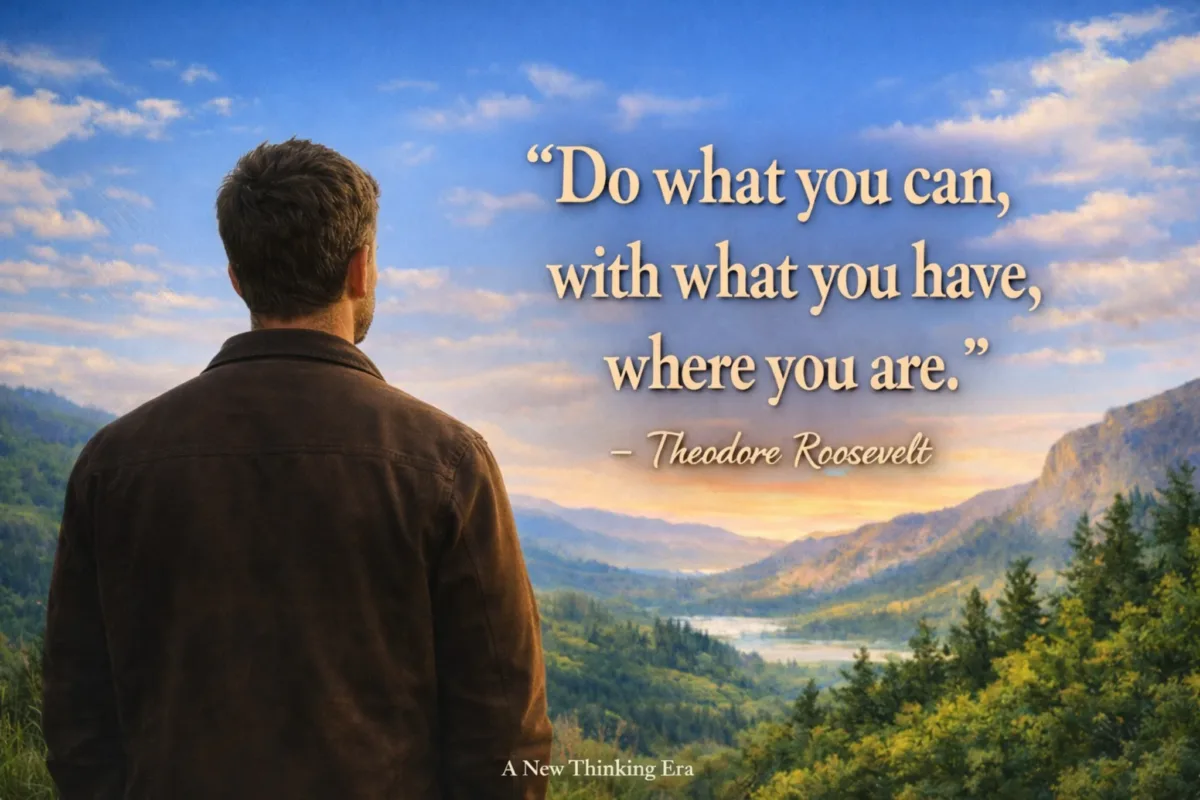 Theodore Roosevelt quote image: “Do what you can, with what you have, where you are” over a man looking at a scenic valley, with A New Thinking Era watermark.