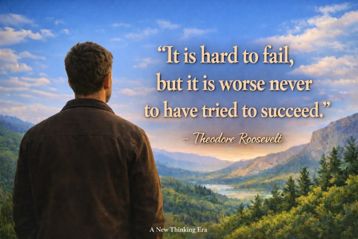 Man looking over mountains at sunrise with Theodore Roosevelt quote “It is hard to fail, but it is worse never to have tried to succeed” and A New Thinking Era watermark.